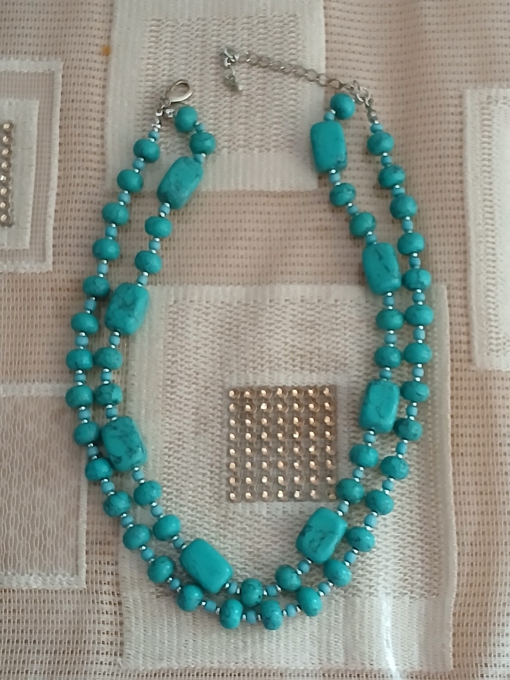 Premier Designs CABO Faux Turquoise Double Strand Silver Tone Choker Necklace